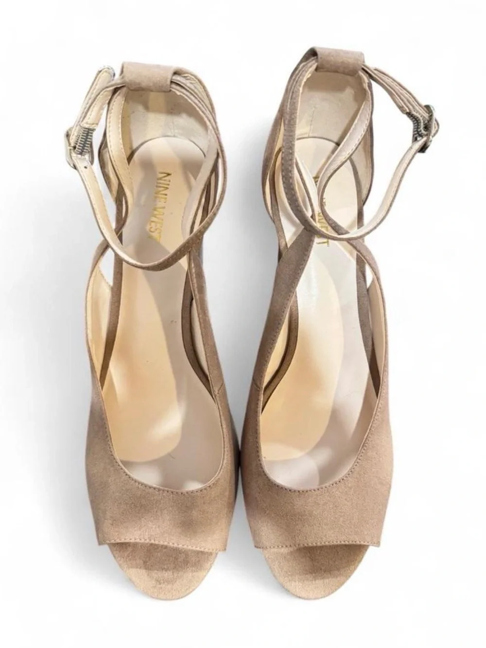 Nine West Suede Open-Toe Ankle Strap Wedges in Taupe